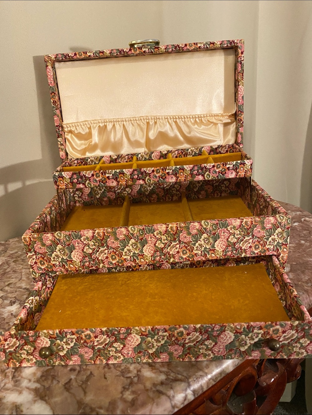 Vintage Floral Fabric Covered Jewelry Box with lift out tray & bottom drawer